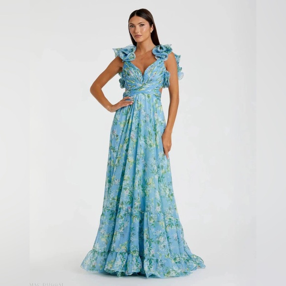 Mac Duggal Ruffle Tiered Floral Cut-Out Gown, NWT, Size 0 - Picture 2 of 4